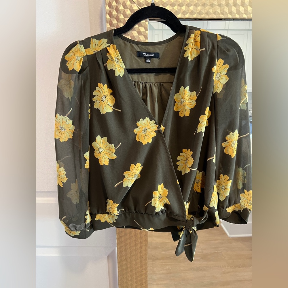 Madewell Effie Floral Woven Wrap Blouse in Olive Green Women's Medium
